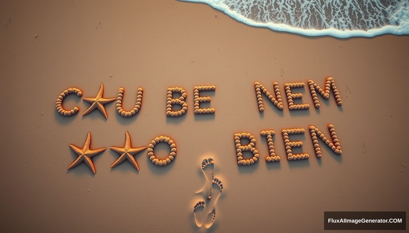 Overhead photorealistic shot of a sandy beach. Multiple starfish arranged to form the text "CAU BE NEM SAO BIEN". A boy's footprints visible in the sand, leading to and from the text. Soft sunset lighting, ocean waves in the background. --ar 16:9 --q 2 --v 6.1