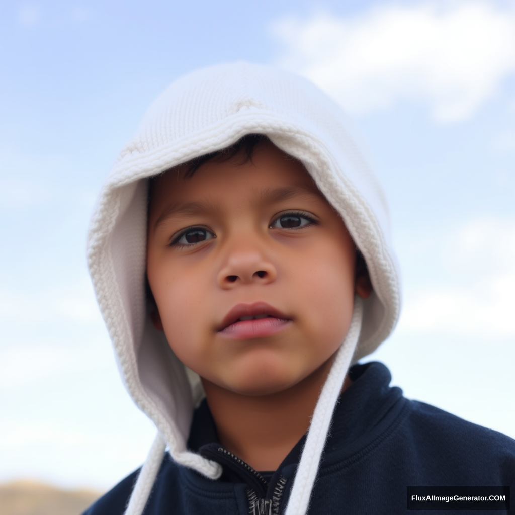 A boy wearing a white blanket hat. - Image