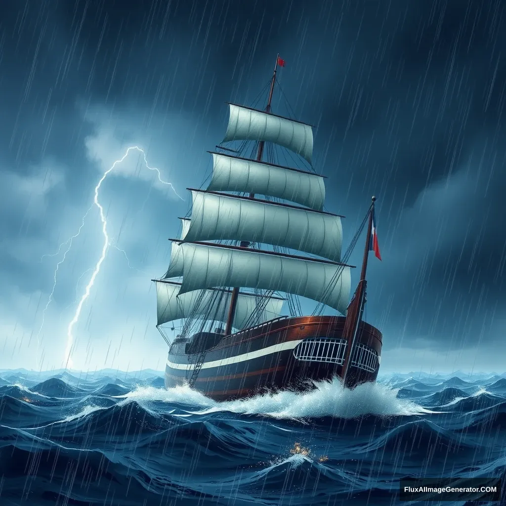 "Modern ship sailing in a storm, dim sky, heavy rain, lightning."