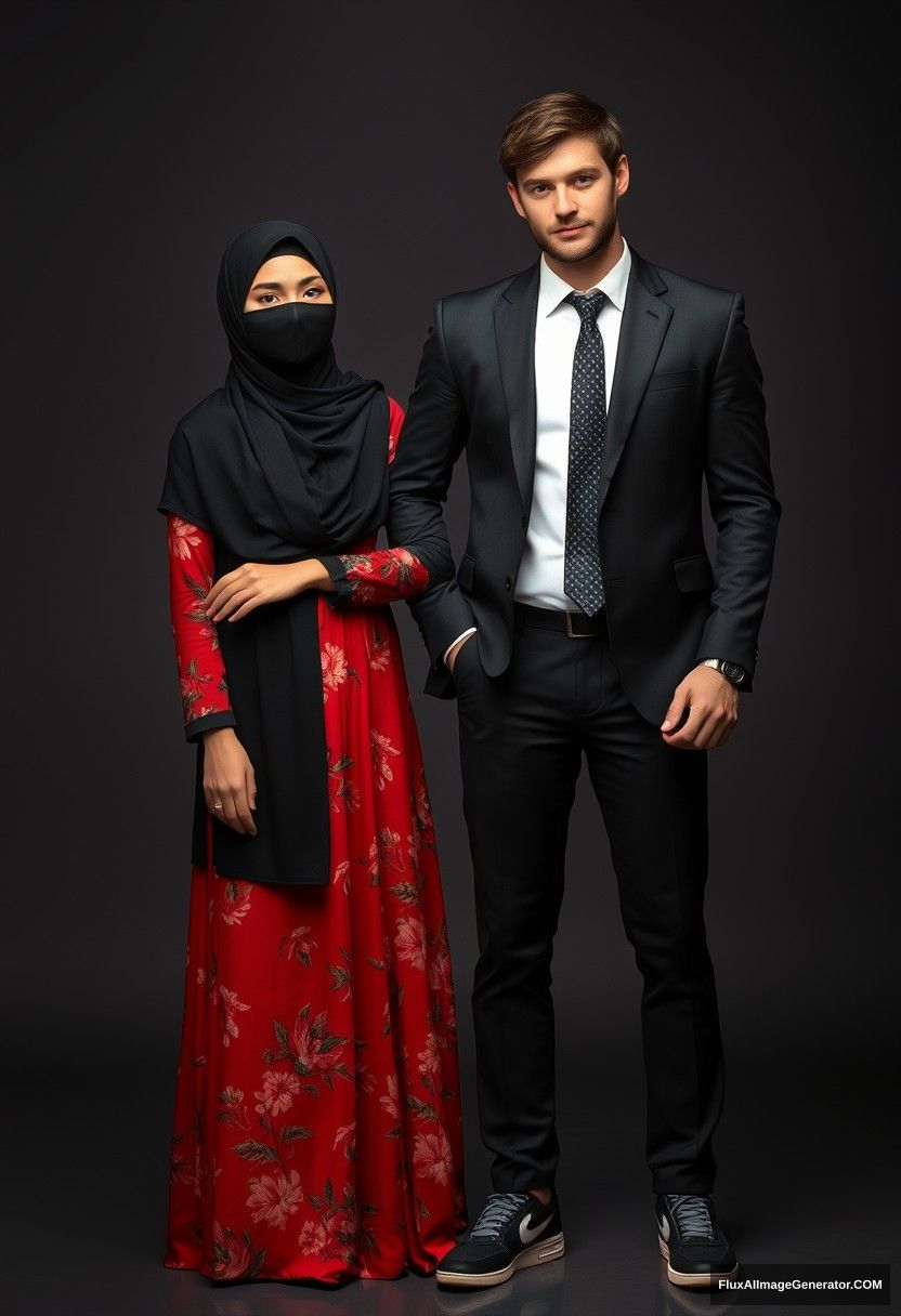 A biggest black hijab girl, beautiful eyes, face mask black, biggest red floral longest dress, not tall, standing near him, love holding his arm.

Jamie Dornan body and face shot, handsome, youngest, face mask black, fit and tough body, black coat suit, white shirt, black patterned tie, tall man, sneakers, love standing near her.

Hyper realistic, studio photography, photorealistic. - Image