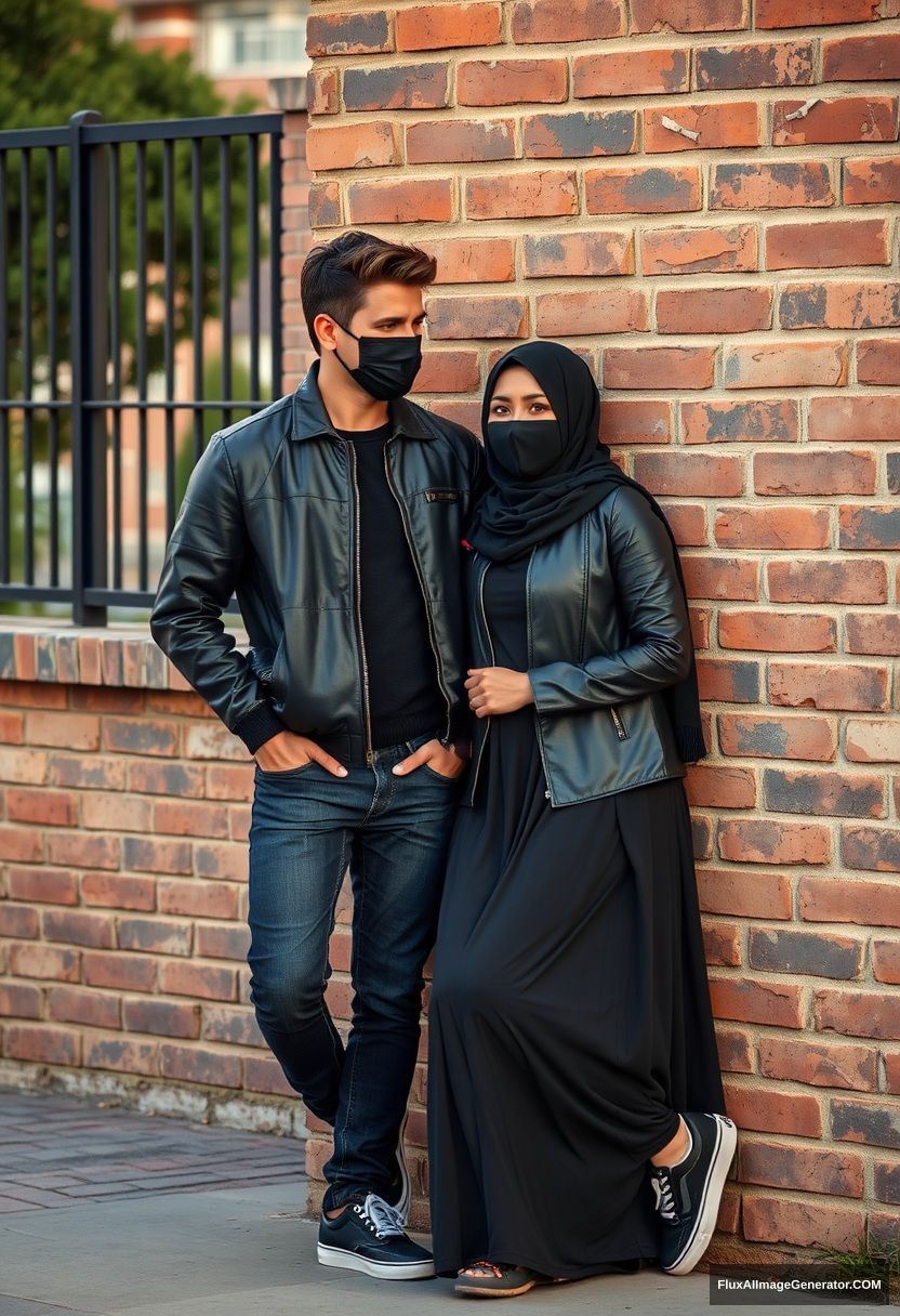 Jamie Dornan, handsome, young, black face mask, collage jacket, jeans, dating a beautiful, romantic Muslim girl in a black hijab with beautiful eyes, black face mask, black leather jacket, sneakers, and the longest skirt standing or lying against a brick wall, town, morning scenery, photorealistic, street photography.