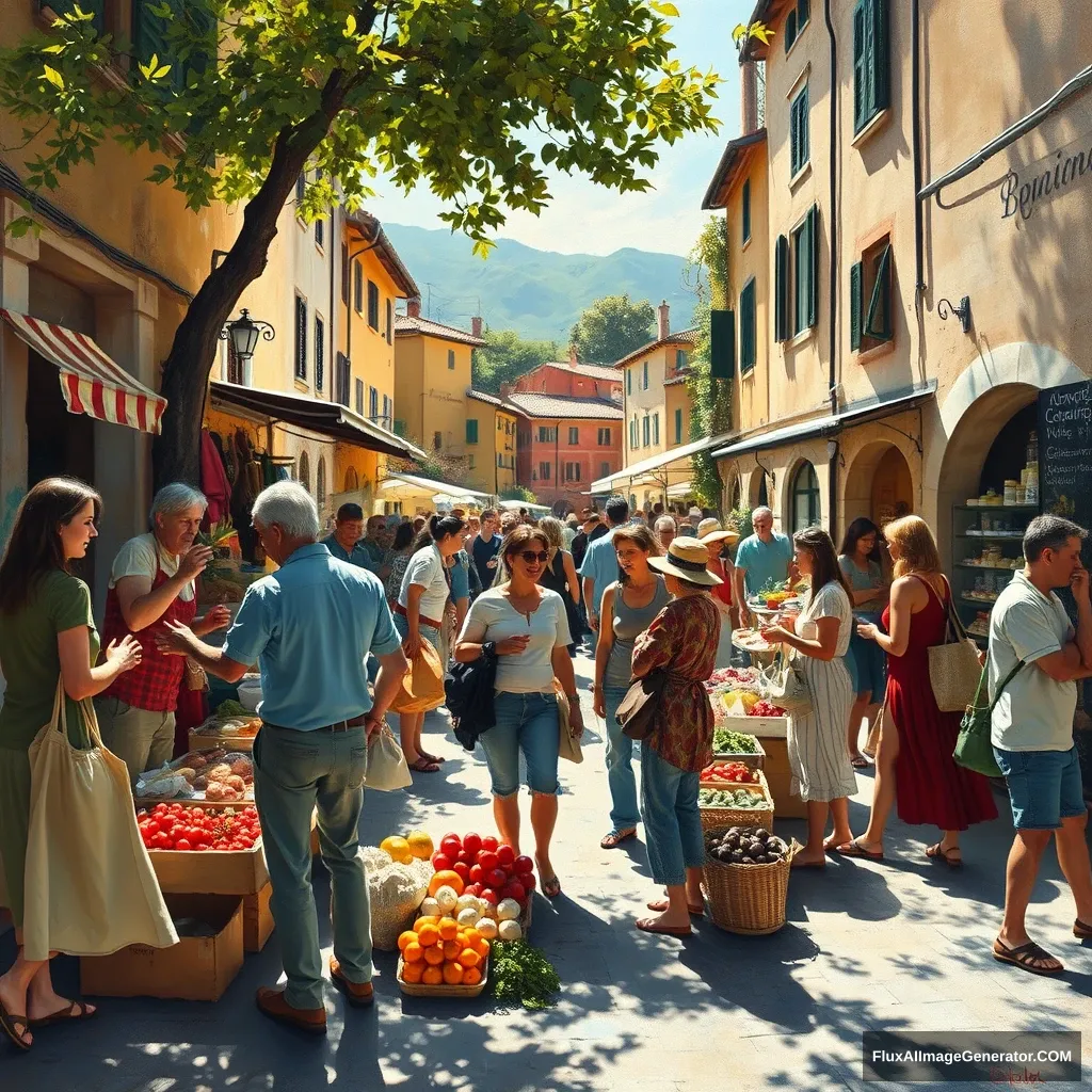 "Create a painting in the Macchiaiolo style that depicts a lively market situated in a bend of the circular street of a small hill town. In the foreground, a group of people is engaged in animated conversations, with vibrant expressions and gestures that convey the energy of the moment. Some vendors are offering their fresh products, while other customers examine the merchandise with interest. In the background, you can see other people walking along the market, some with bags full of purchases, others stopping to chat. The sunlight filters through the trees, creating plays of shadows and light that enhance the vivid colors of the stalls and clothing. The atmosphere is warm and welcoming, typical of a market day in an Italian village." - Image