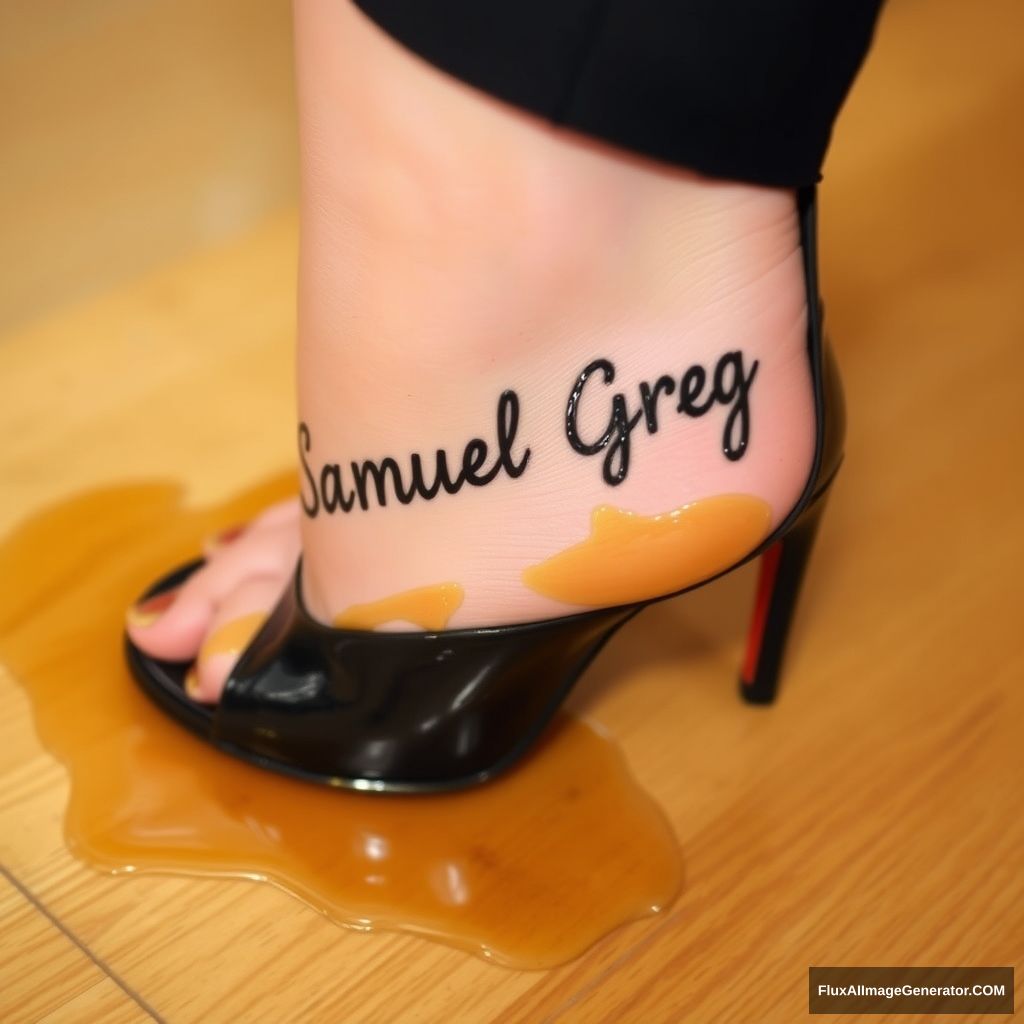 The name "Samuel Greg" on a woman's foot in a black high heel. There is oil all over the foot.