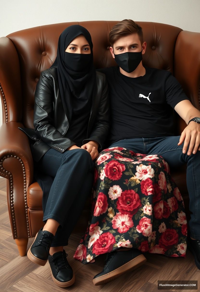 A biggest black hijab girl, slim girl, beautiful eyes, face mask black, black leather jacket, biggest floral long dress, black leather sneaker, sitting on leather single wing sofa,

Jamie Dornan, youngest, puma black T-shirt, jeans, black leather sneaker, tall man, face mask black, fit body, sitting near her,

hyper realistic, studio photography. - Image