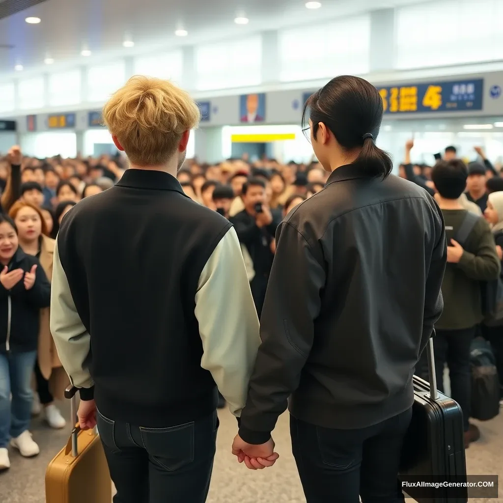 A man with curled, blonde ear-length hair and a man with low pony-tailed ebony hair are holding each other's hands in front of a huge crowd of fans at the airport, showing their backs. Both are styled like K-pop idols, and the blonde man is taller.