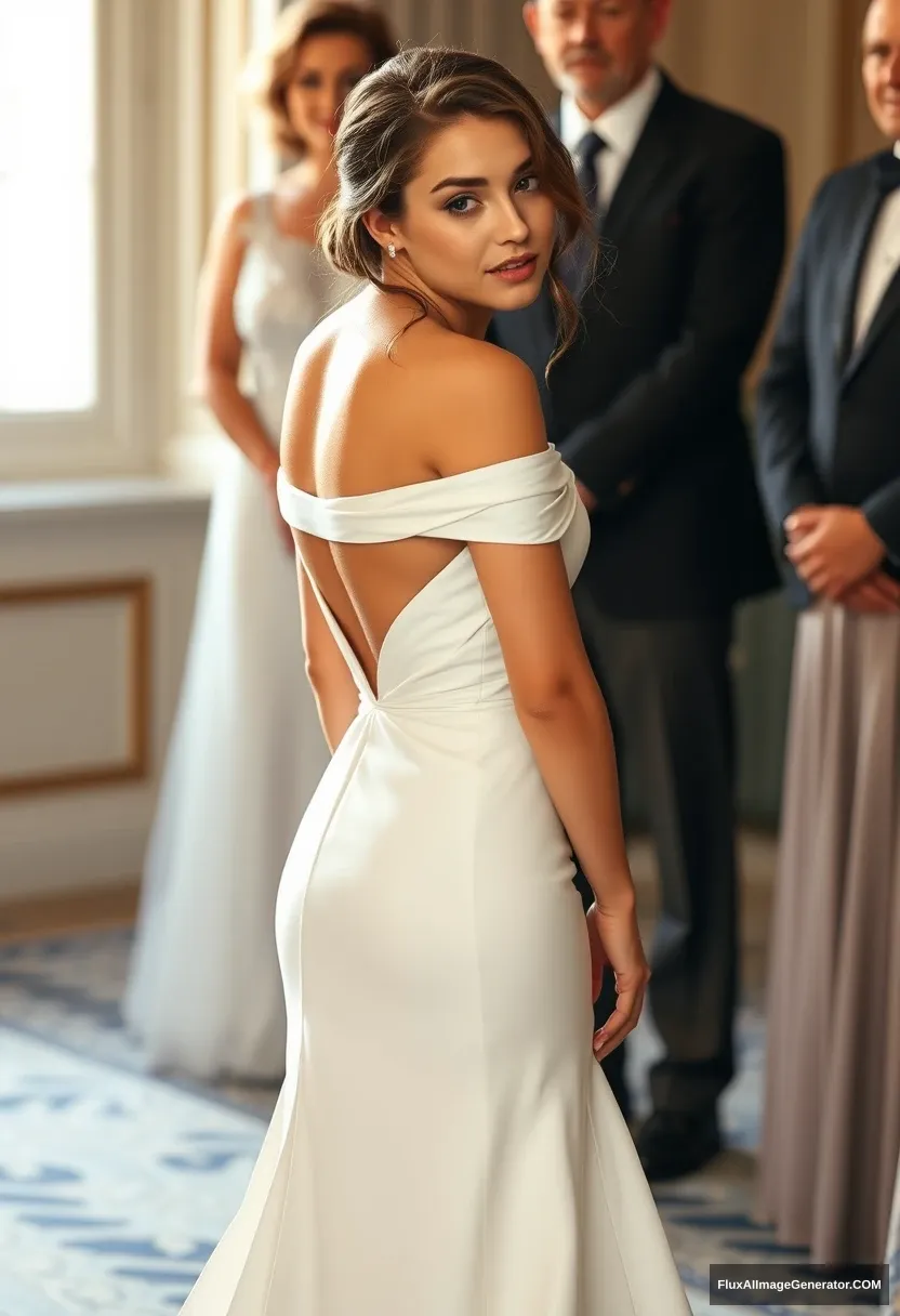 A short young woman, sensitive, delicate, wearing an off-shoulder backless strapless side-less low-waisted contouring wedding dress with a loose open back that seems to spill to the sides, in front of elder patriarchy, expectations, and perfect posture.