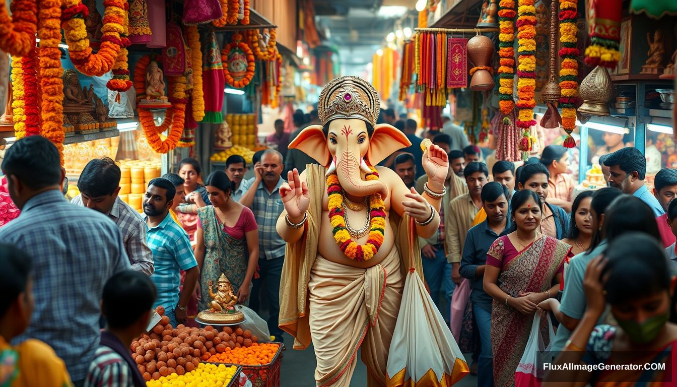 Visualize Lord Ganesha as a real human god, navigating a bustling, dense Indian market in preparation for his own festival. The market is lively and crowded, with vibrant stalls overflowing with marigold garlands, clay idols, sweets, and festival decorations. Surround him with real, everyday people who are unaware of his divine presence, going about their shopping, bartering with vendors, and carrying bags filled with festival essentials. Ganesha, dressed in a blend of traditional dhoti and modern attire, should be depicted with a serene yet amused expression as he picks out the best offerings, from the freshest flowers to the most ornate decorations. Capture the vivid colors, the cacophony of sounds, and the rich scents of an authentic Indian market, with Ganesha seamlessly blending into the crowd, embodying the divine in the midst of everyday life. It's evening time with lots of lights. unreal engine, 4k,