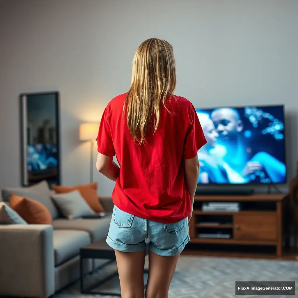 Back view of a young blonde skinny woman in her early twenties is in her massive living room wearing a massively oversized red polo t-shirt, which is really off balance on one shoulder, and the bottom part of her t-shirt is tucked in. She is also wearing light blue denim shorts and is barefoot, facing her TV with a shocked expression as she dives into the magical TV head first. - Image