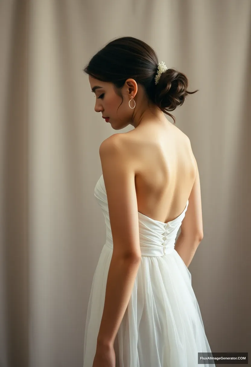 A short young woman, sensitive, delicate, ashamed, wearing a backless, strapless, side-less, low-waisted, airy, loose-fitting, contouring wedding dress, in front of patriarchy and expectations.