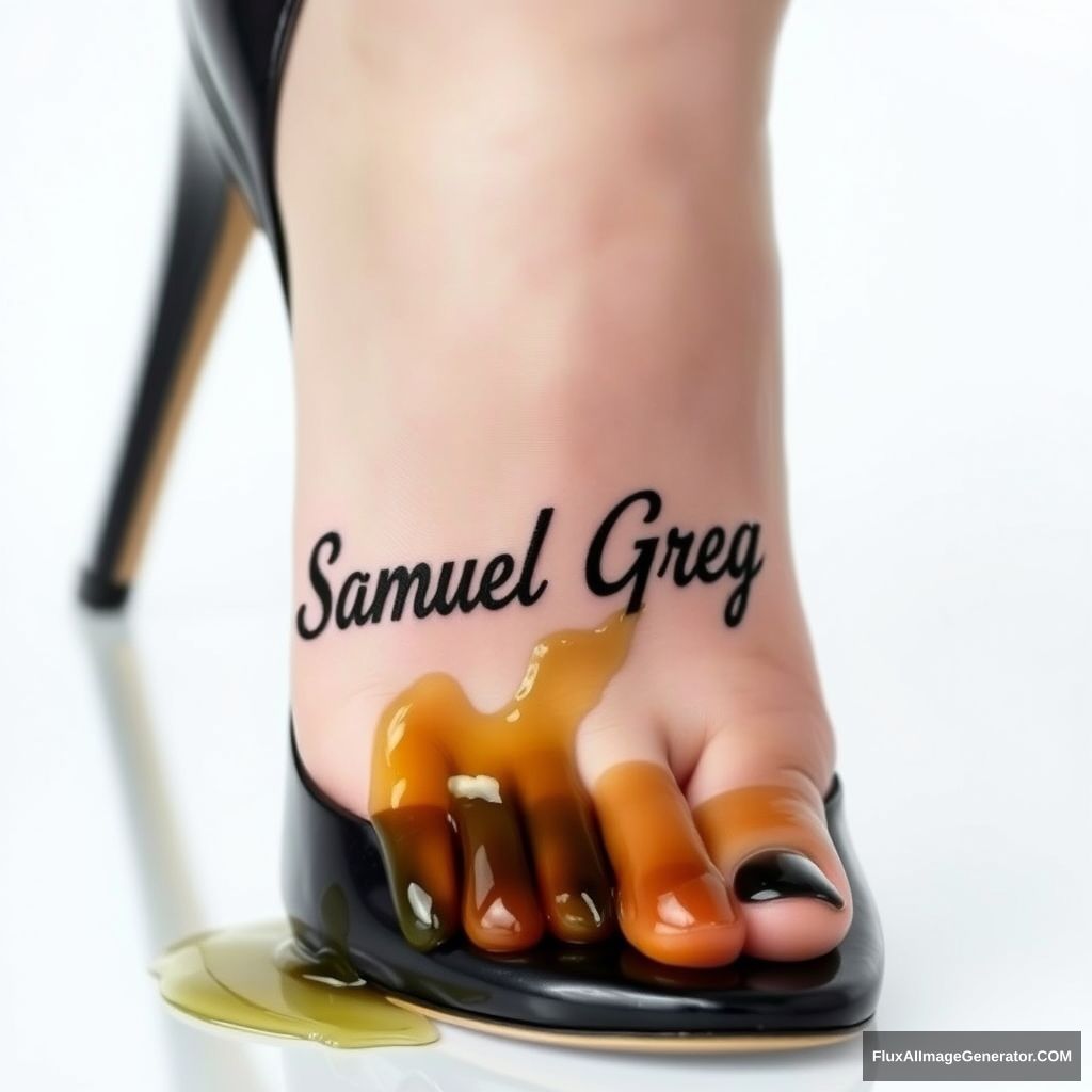 The name "Samuel Greg" on a woman's foot in a black high heel. There is oil all over the foot. - Image