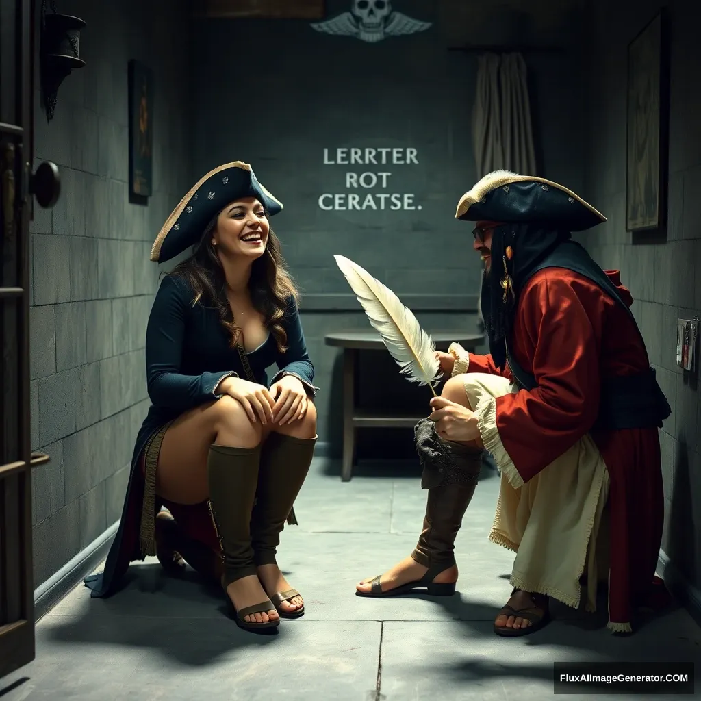 A young woman laughing in the interrogation room while a pirate tickles her foot soles using a feather.