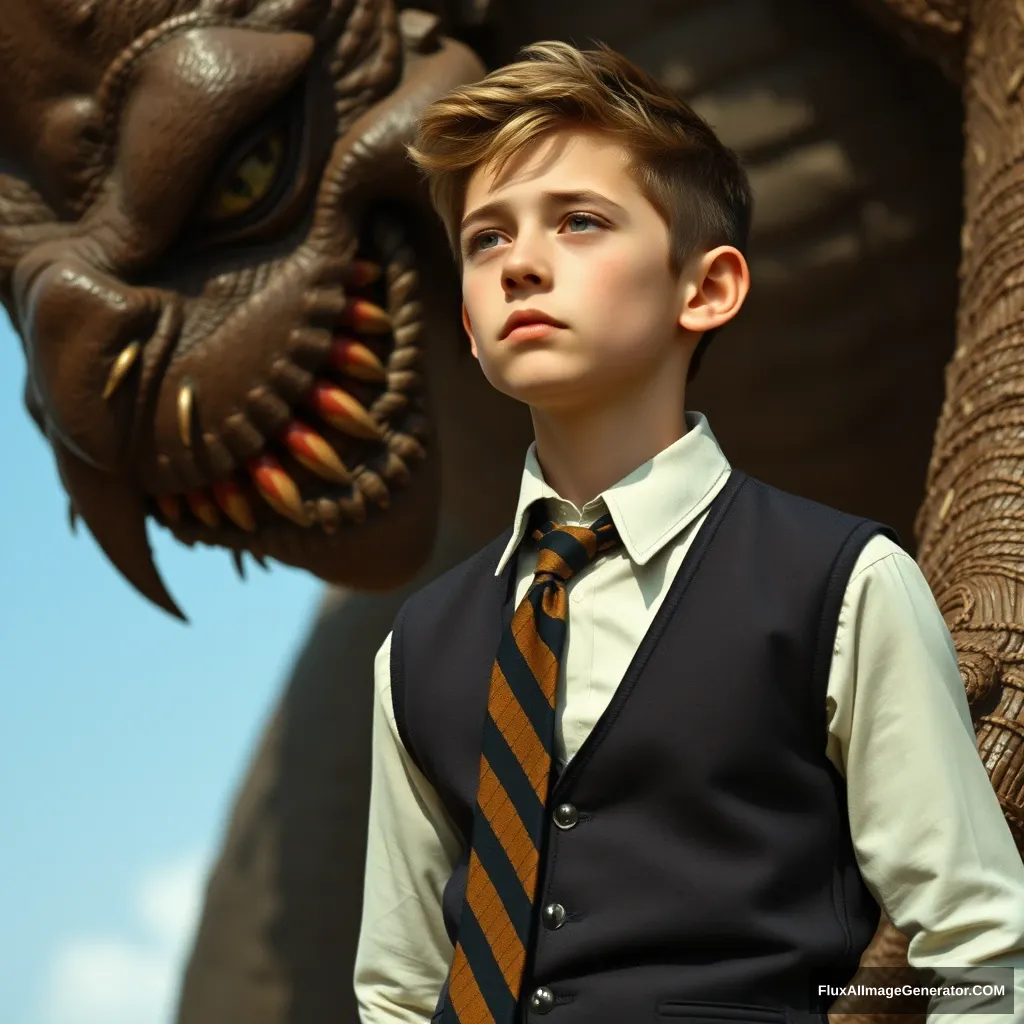 Cute skinny teen guy in a shirt and tie with waistcoat captured by a giant creature. Photo. - Image