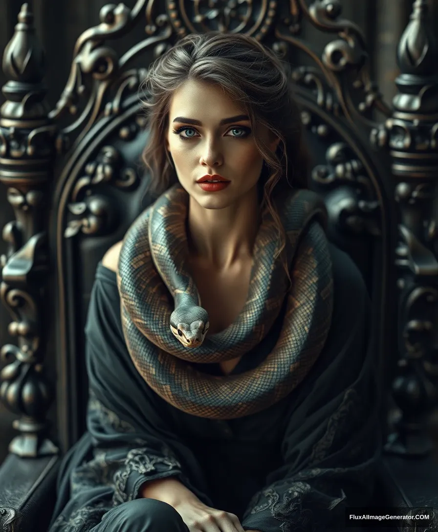 Beautiful woman with a snake wrapped around her shoulders, wearing an ethereal robe, sitting on a throne with a sultry expression. Gothic theme, intricate, exquisite details and textures, sharp focus, high resolution, detailed eyes, 8k UHD, Nikon D850, high quality, film grain, hyper-realistic skin (detailed skin: 1.3). - Image