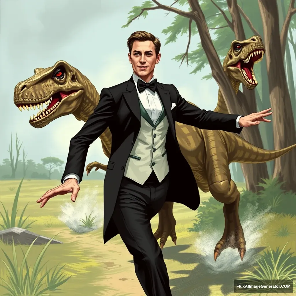 Handsome skinny guy in a tuxedo chased by dinosaur - Image