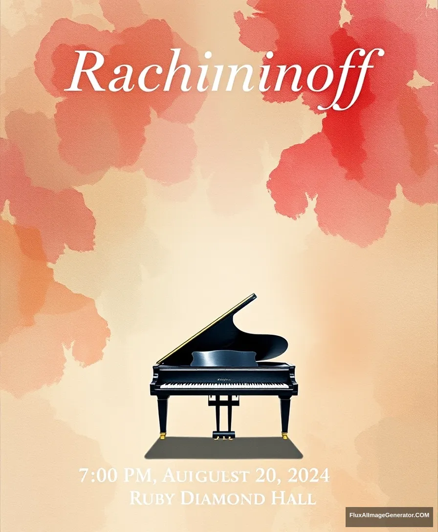 Title: “Rachmaninoff” displayed at the top center

include the following texts line by line on the bottom of the poster:
“7:00 PM August 20, 2024”
“Dr. Huixian Wu”
“Ruby Diamond Hall”

Visual Elements: A grand piano centered at the bottom with minimal vigorous colors water color style.