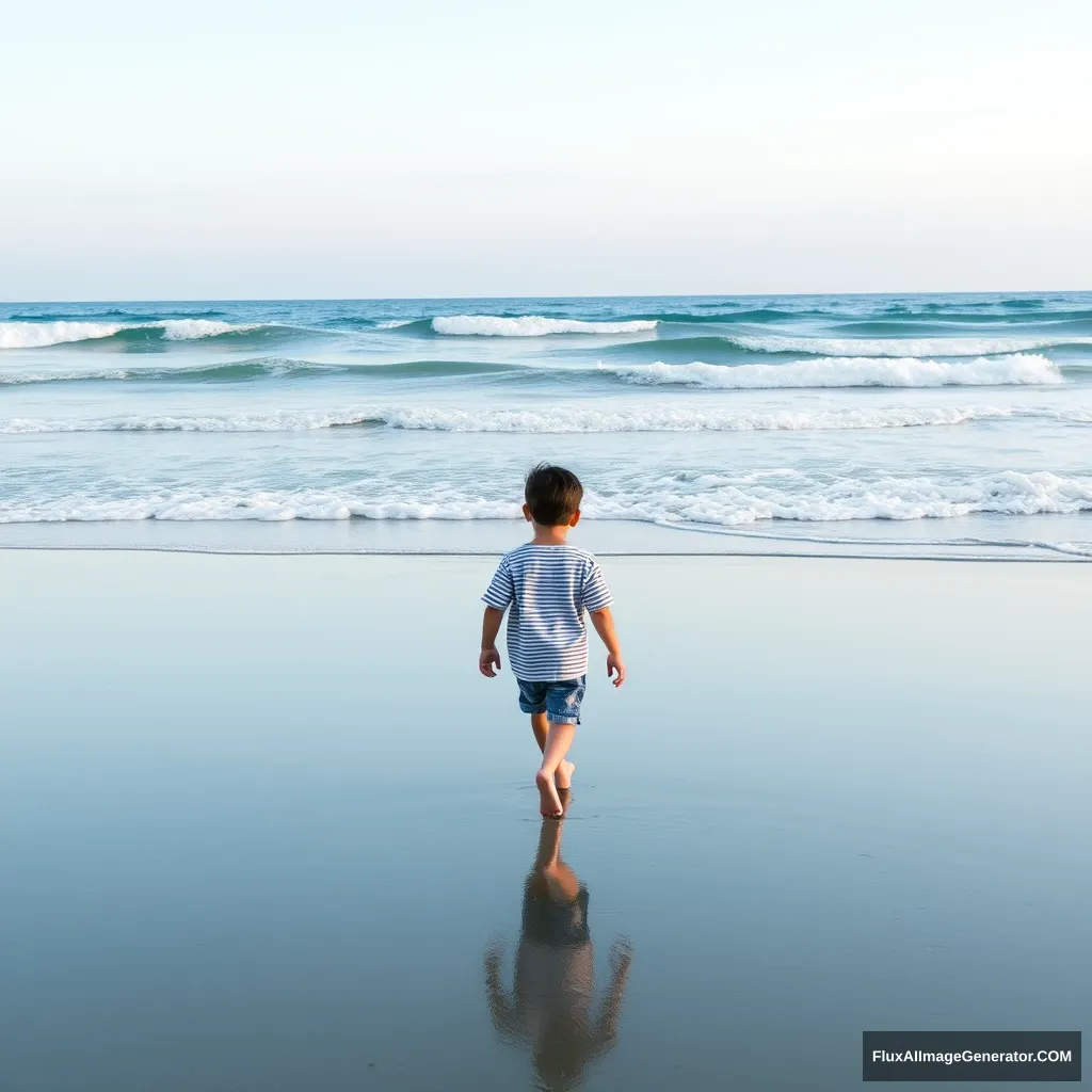 a boy walking down a beach