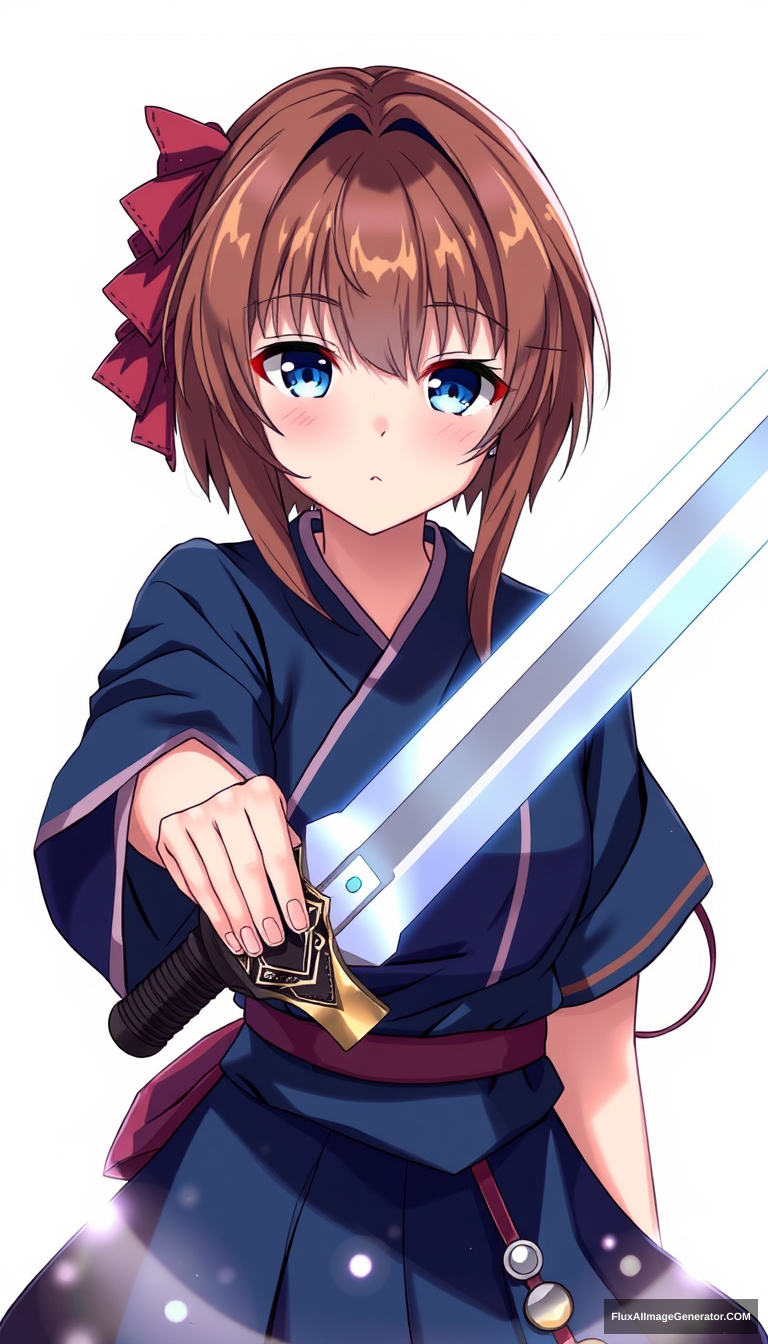 Anime girl unique sword. Brown hair dark blue clothing. - Image