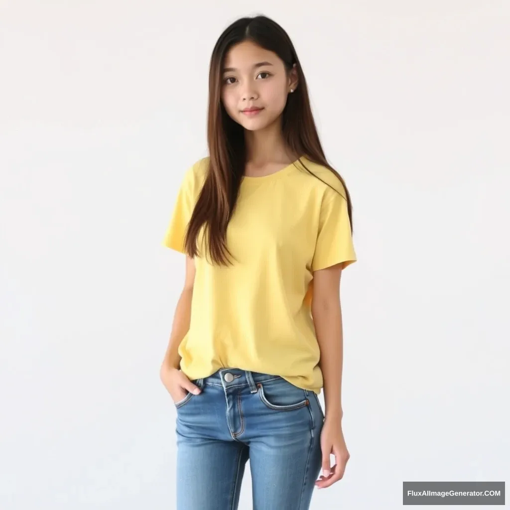 An 18-year-old Chinese girl wearing jeans and a light yellow T-shirt, very tall, very slim, and with beautiful long hair.