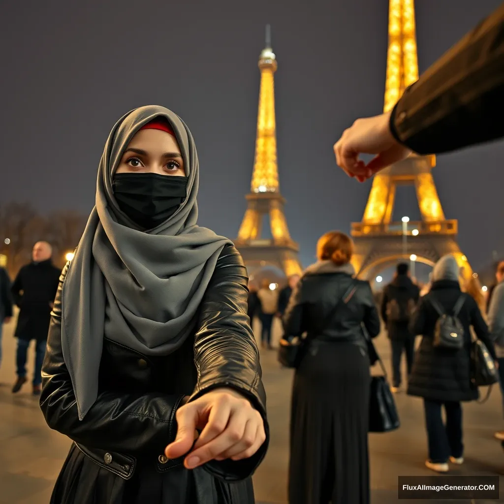 Biggest grey hijab Muslim girl, beautiful eyes, black face mask, leather jacket, biggest longest skirt, standing near Eiffel Tower, night scenery, strangers' backs, hyper-realistic, photorealistic, street photography, holding someone's hand from opposite, selfie. - Image