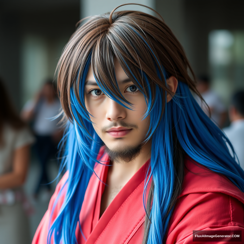 Full picture of long brown-haired and short-bearded guy cosplaying as Rimuru.