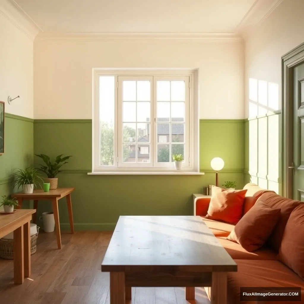 A cozy room, with one large window in the middle. It is sunny, but the light is not blinding. The room has a door to the right, and a wooden eating table towards the window. The paint on the wall is both eggshell white and green with a horizontal line dividing them, the green at the bottom. There is a sofa with a small sofa table, and some plants and light bulbs, to make it cozy. The window is very big, 1.5x1.5 meters. The door is almost out of sight. The wood on the tables is the same, and the color of the sofa is a shade of orange.