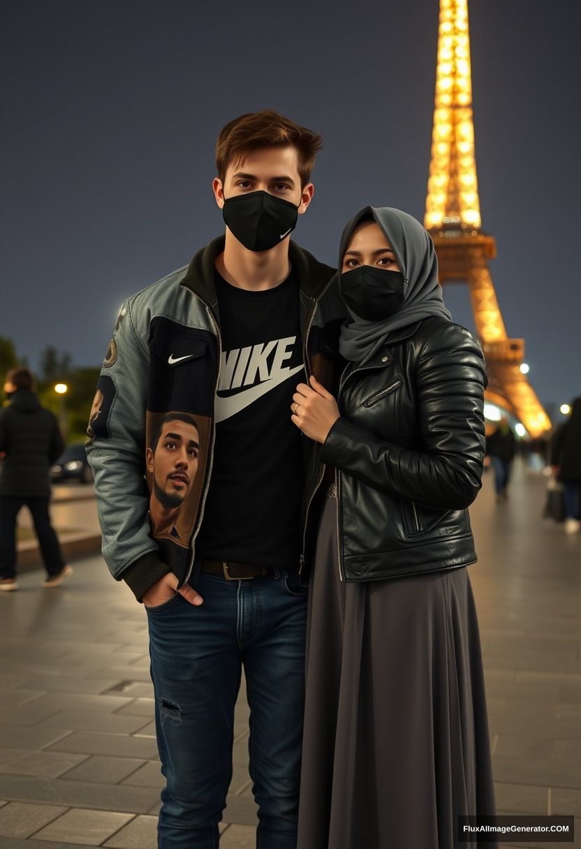 Jamie Dornan, young, black face mask, collage-style jacket, Nike t-shirt, jeans, tall and fit,

Dating, love with the biggest grey hijab Muslim girl, beautiful eyes, black face mask, leather jacket, biggest longest skirt, cute,

standing near the Eiffel Tower, night scenery, hyper-realistic, photorealistic, street photography. - Image