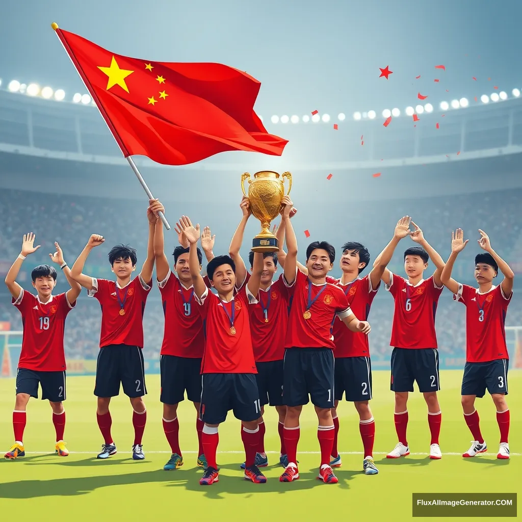 "China's football team wins the World Cup, lifts the Hercules Cup and waves the five-star red flag."