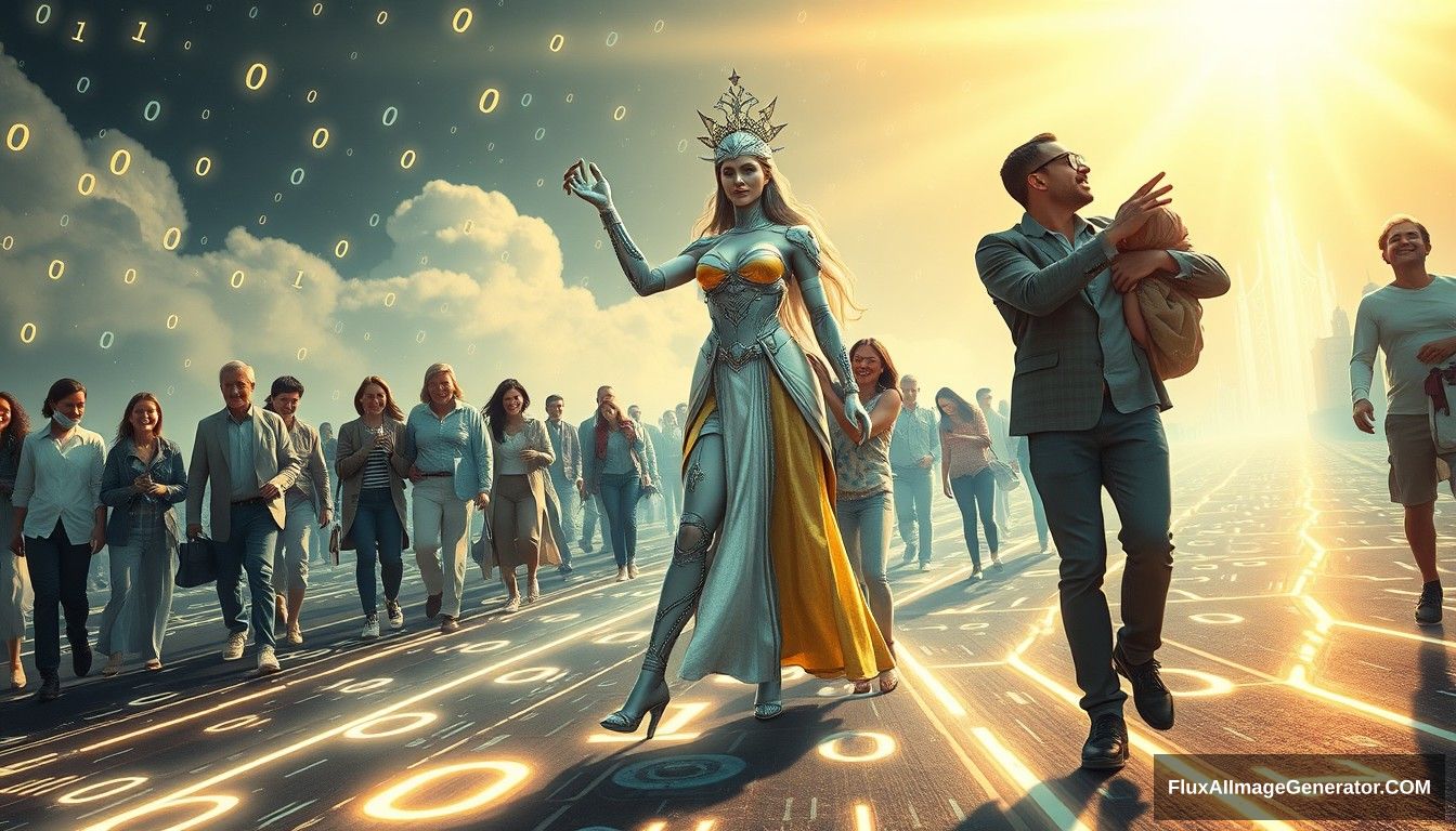 Hyper-realistic style featuring a powerful and inspiring image depicting the concept of blockchain and decentralization. In the foreground, a futuristic and sci-fi styled goddess symbolizing blockchain and decentralization leads the people towards a bright future. The goddess appears mostly human, with only about 10% of her body showing high-tech elements, such as a mechanical arm or eye. She stands on a digital road made of glowing lines and various random characters, including 0s and 1s, symbolizing the path of digitalization. She is surrounded by families and individuals of predominantly European descent who are joyous and supportive, embracing and helping each other. The scene is grand and panoramic, with light shining from the front, illuminating the entire scene. - Image