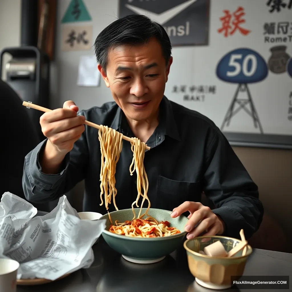 Jack Ma eats noodles.