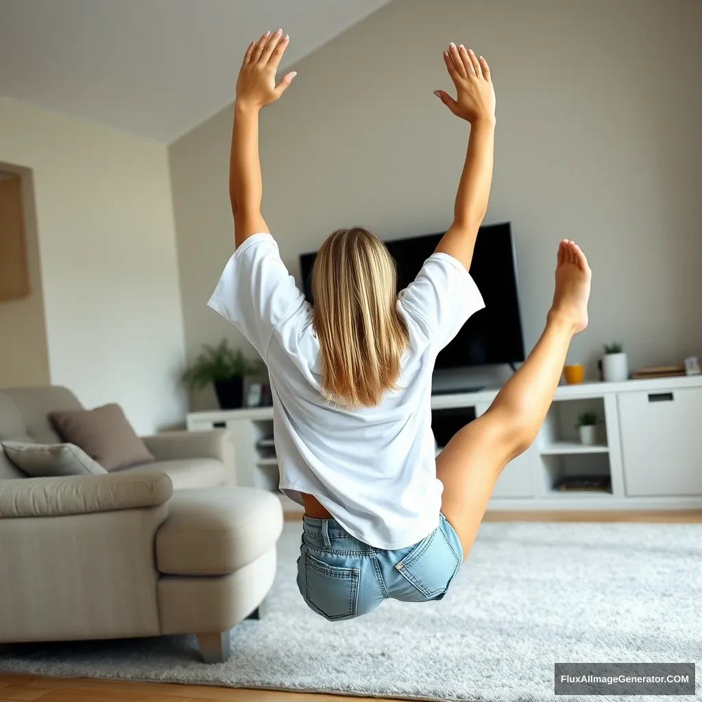 Side view of a slim blonde woman in her large living room, wearing a massively oversized white t-shirt that is unbalanced on one sleeve. She is also wearing oversized light blue denim shorts that are not rolled up, and she has no shoes or socks on. Facing her TV, she dives headfirst into it with both arms raised below her head and legs elevated in the air, positioned at a 60-degree angle.