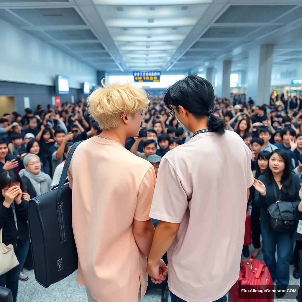 A man with curled, blonde ear-length hair and a man with low pony-tailed ebony hair are holding each other's hands in front of a huge crowd of fans at the airport. Both have a K-pop idol style, with the blonde man being taller than the ebony-haired man. - Image