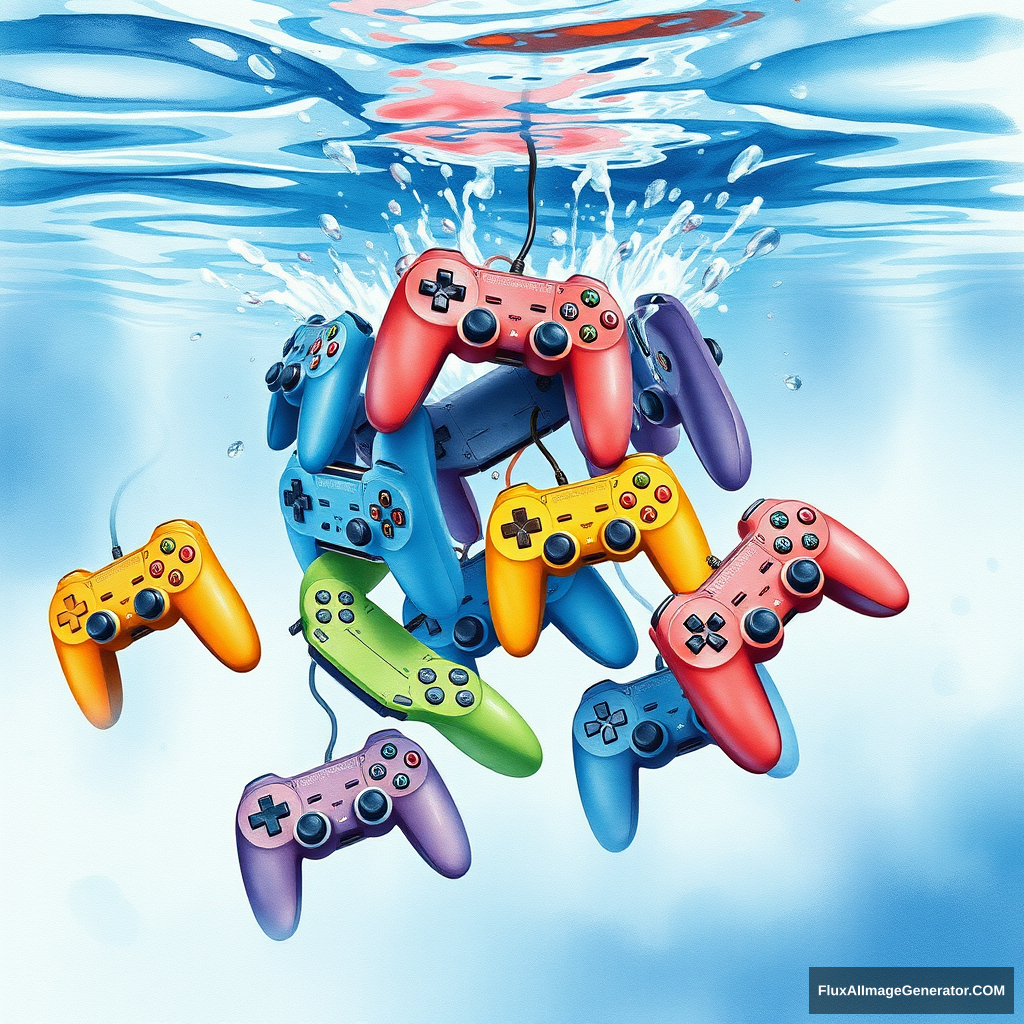 watercolor art piece, multiple colorful game controllers cascading into crystal-clear water, visually depicting the sensation of drowning, expressive ripples and splashes, dynamic movement, subtle blending of hues, creating a hypnotic underwater scene, serene yet melancholic atmosphere, high-contrast details 4K, evoking a sense of loss and nostalgia amidst whimsical imagery, illustration. - Image