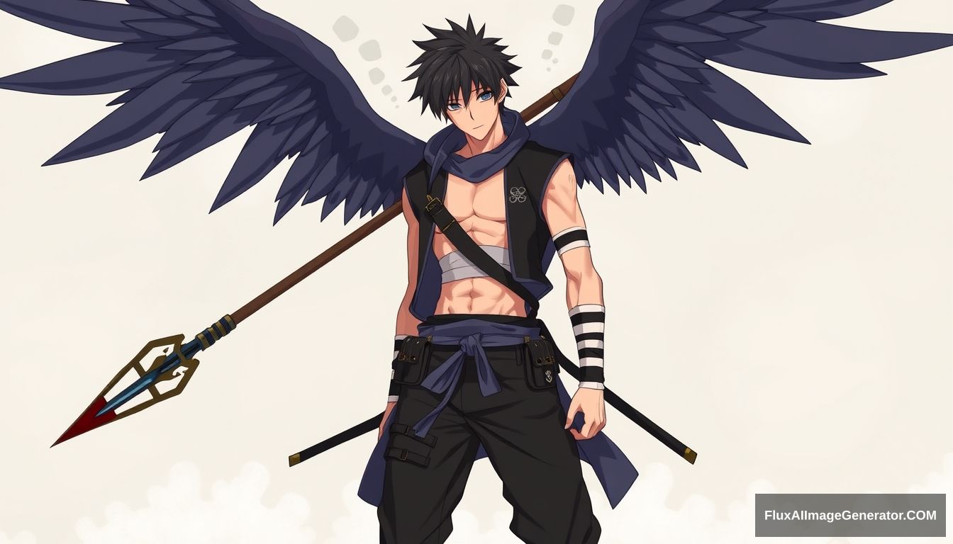 Tatsuki is described as a tall, tough-bodied, and attractive young man with sharp blue eyes, broad shoulders, and a large wingspan. He has short, messy black hair with bangs hanging below his eyes. He has a notably sturdy and muscular frame, cultivated from years of training, which tends to make him quite popular with girls. He is usually seen wearing a sleeveless bluish-grey robe over an open-collared black keikogi with his clan crest on the back of it, along with black pants and a pair of black shinobi boots. He is usually seen with a bandaged torso and lower chest and often ties black ribbons in a crisscross pattern over the lower half of his sleeves to prevent them from getting in the way of fighting.

Around his waist, he has a bluish-grey sash that holds two pouches on either side of his waist containing various ninja tools and weapons. He also wears another sash strapped across his shoulders, which he uses to hold his spear, his signature weapon. Naruto character designs, full body, from head to toe. - Image