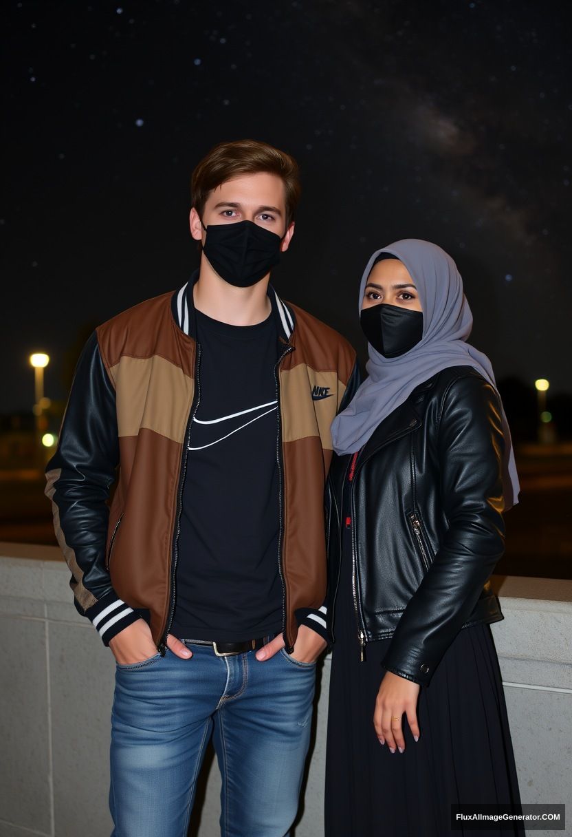 Jamie Dornan, youngest, black face mask, collage jacket, Nike t-shirt, jeans, tall man, fit body,

Dating, love with the biggest grey hijab Muslim girl, beautiful eyes, black face mask, leather jacket, longest skirt, cute not tall girl,

standing by the wall, night scenery, Milky Way, hyper-realistic, photorealistic, street photography.