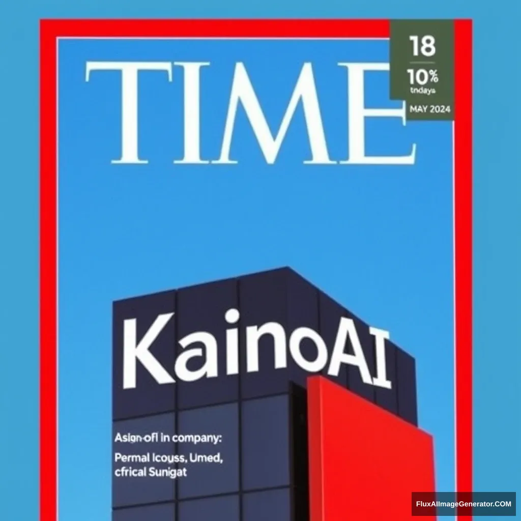 A TIME magazine cover shows a "KainoAI" company, background is blue, top-right corner shows date 18 May 2024. - Image