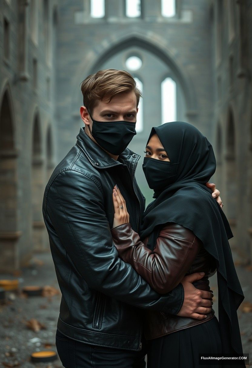 Jamie Dornan's head and body shot, handsome, face mask black, black leather jacket, dating, love hug with the biggest black hijab Muslim girl, not tall, beautiful eyes, face mask, maroon leather jacket, biggest black skirt, hyper-realistic, studio photography, full body photo, explore at abandoned castle, gloomy. - Image