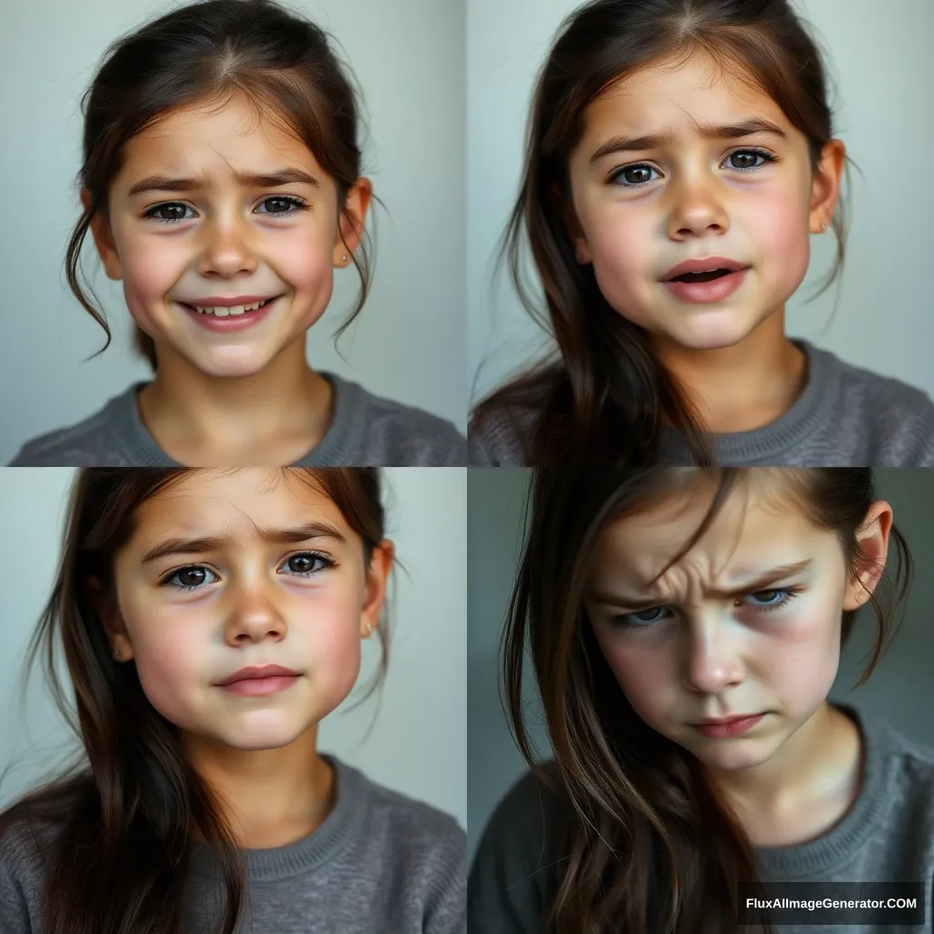 A four-panel grid portrait of the same girl photo with subtle expressions: the first panel shows a gentle smile, the second panel has a tearful face, the third panel conveys a look of sadness, and the fourth panel displays a mildly angry expression. - Image