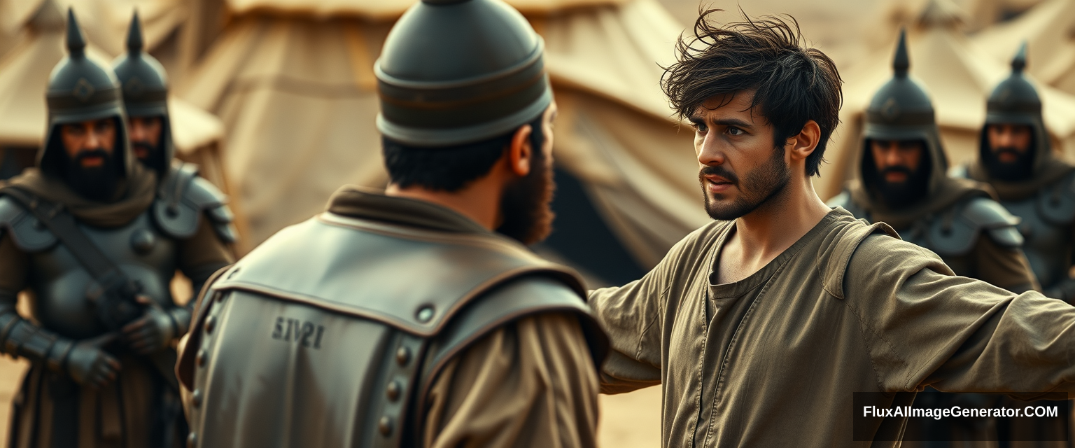 Create an image of two men standing apart and facing off, with a group of four soldiers gathered closely behind the man on the left. The man on the right is a young man with his arms stretched out to the sides, looking shocked. He has dark, messy, unkempt hair and a beard, and is dressed in a simple biblical-era shepherd's tunic, sternly looking into the eyes of the man on the left. The other man appears middle-aged, has a Jewish black beard, and is wearing a full suit of biblical-era leather armor and a conical helmet with a pointed tip. The overall mood of the image is one of anxiety and concern. The background reveals a blurred ancient biblical Jewish army camp with desert Arabic tents. The overall atmosphere is intense and cinematic.