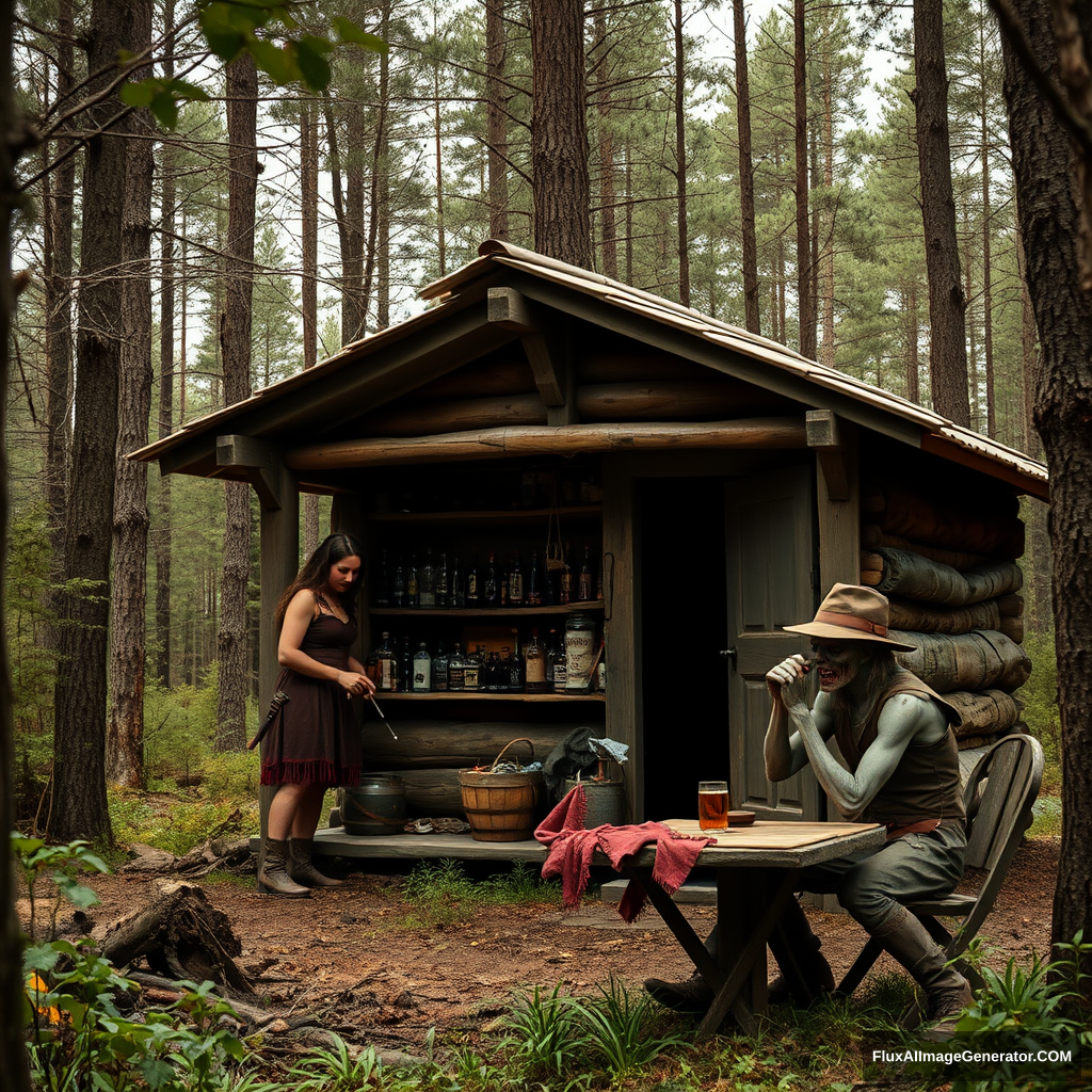 Real-life photography, long shot: In the forest, there is a wooden cabin where a female barbarian is selling alcohol, and a dressed zombie comes to buy some. Next to the cabin, there are a table and two chairs, with a zombie wearing a hat sitting and drinking.