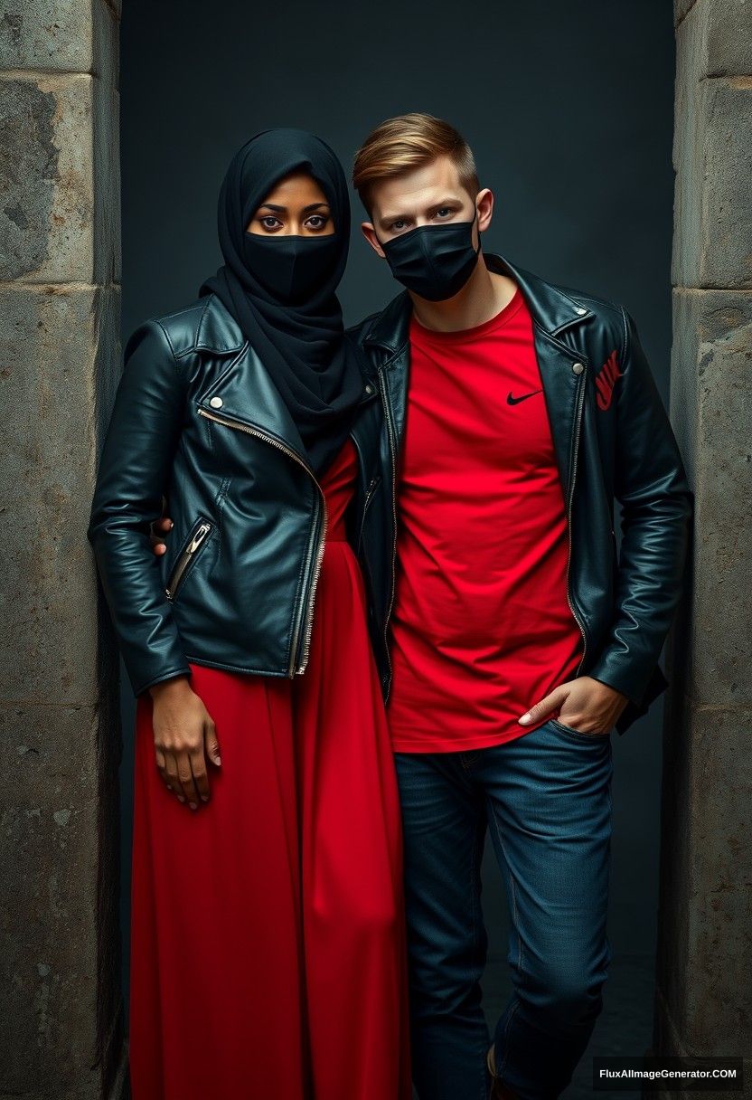 A big black hijab girl with beautiful eyes, wearing a black face mask, a black leather jacket, and the longest red dress, is not tall.

Jamie Dornan, handsome, wearing a black face mask, has a fit and tough body, a red Nike t-shirt, a black leather jacket, and jeans; he is a tall man.

They are standing leaning against the wall together, in a hyper-realistic, photorealistic studio photography setting, at Victoria's abandoned castle, in a gloomy darkness. - Image