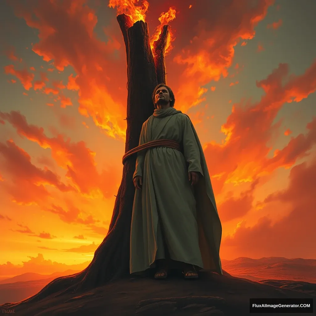 A lone figure, dressed in white robes, is tied to a towering wooden stake on a barren hilltop. The sky is ablaze with an orange and red sunset as flames consume the pyre. The figure's face is turned towards the heavens, expression serene and accepting. Dramatic lighting, cinematic, highly detailed, digital painting.