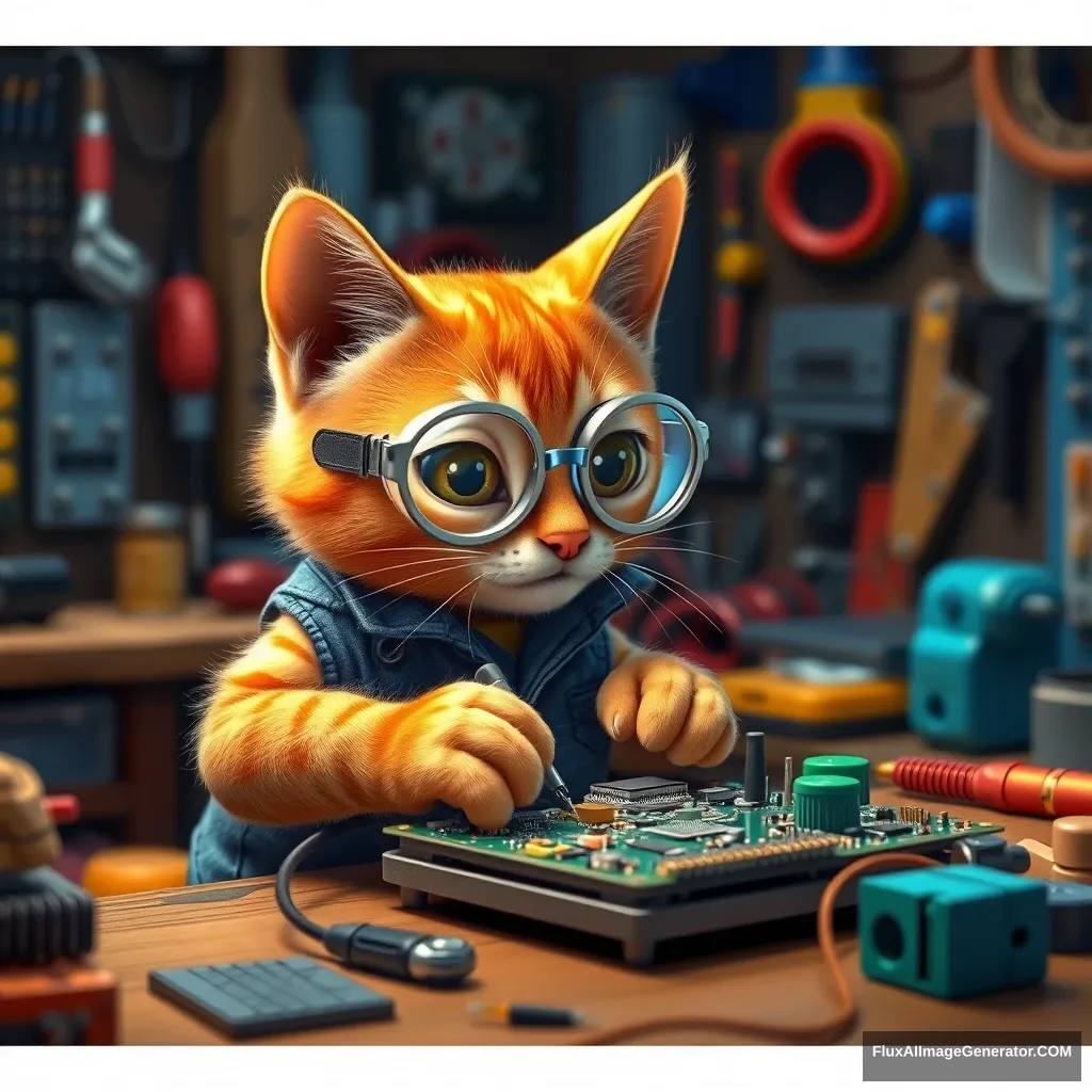 A curious ginger tabby cat, wearing tiny safety goggles and a blue technician's vest, meticulously solders a complex PCB circuit board. The whimsical Pixar-style scene unfolds in a cozy, warmly-lit workshop filled with oversized tools and colorful gadgets, evoking a sense of playful innovation. - Image