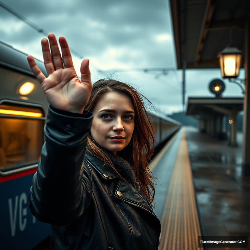 A 30-year-old woman wearing a black leather jacket is standing on a train station platform, tears flowing from her eyes as she waves goodbye to the moving train. Her face is sad and gloomy. A dark sky looms on a cold morning, and rain taps against the windshields. Her lip quivers, forming a bitter smile. The train platform is illuminated by a pale lantern, while an abandoned station serves as a backdrop for a sorrowful farewell. - Image