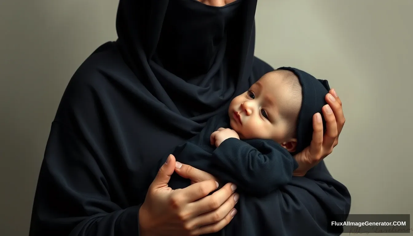 A pious woman is holding a baby boy, her palms covered in black cloth, wearing a long niqab, her neck covered by a perfect hijab, full body, oil painting. - Image