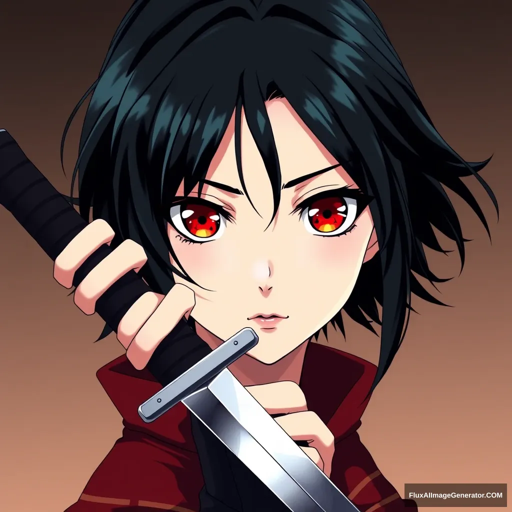 VERY BEAUTIFUL ANIME GIRL WITH PERFECT EYES. Anime style is important. Seinen style anime. Should look like an assassin with a gradient background. Holding one sharp sword. Black hair, red eyes. And should be a full body image. - Image