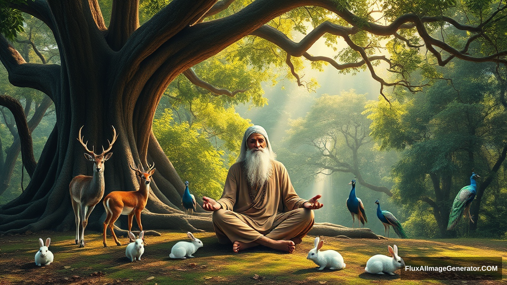 Create an image of an ancient sage meditating in a beautiful forest, sitting under a huge banyan tree. Surrounding him are beautiful animals like deer, peacocks, and white rabbits. - Image