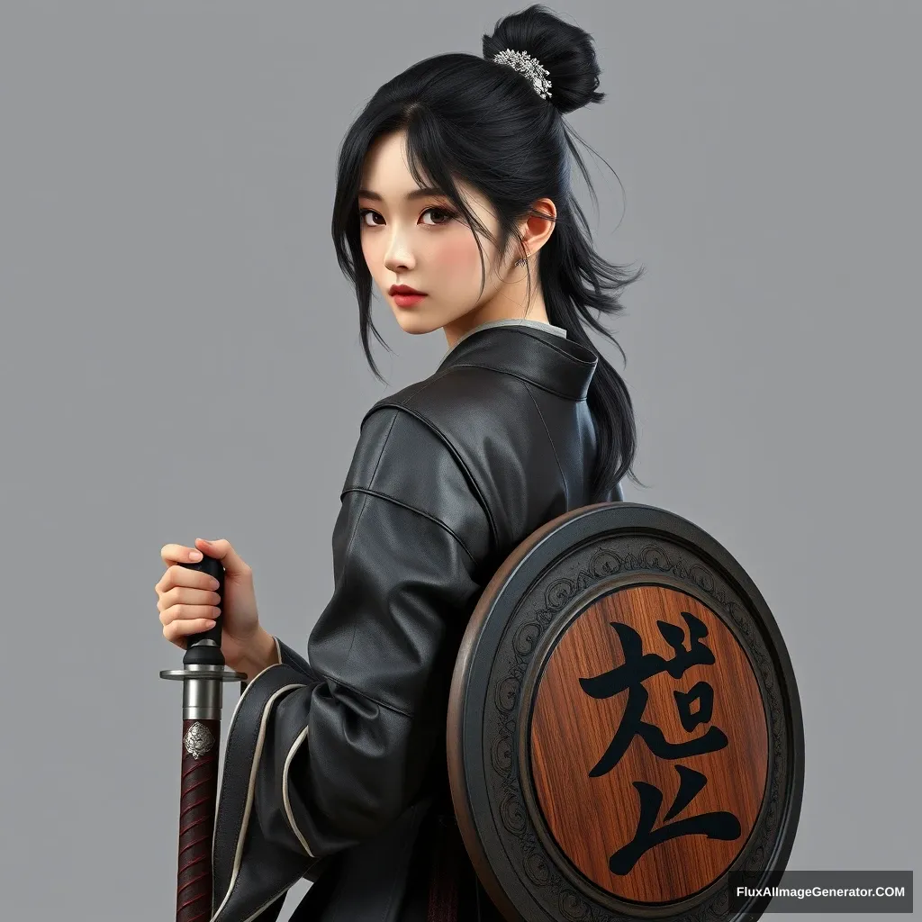 A gorgeous and elegant girl (like Tang Wei) is wearing leather armor (Korean traditional clothing style), with tousled hair and a silver hairpiece, the skirt hemline at the back. The pus is on one side of the stain, holding a traditional Korean sword and round shield (inscribed with "恨"), hyper-realistic photo, unreal engine. - Image