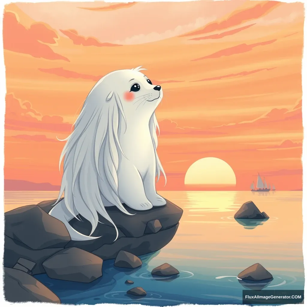 Create an illustration of a shy white seal named Lumi with long, flowing silver hair, sitting alone on a rocky shore under a beautiful sunset. The sky is painted in shades of orange and pink, and the tranquil sea reflects the colors of the sky. Lumi has a serene and peaceful expression as she gazes at the horizon. Small islands and rocks.