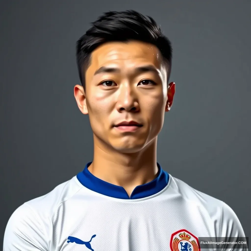 A high-quality portrait photo of a Chinese man with fair and delicate skin, wearing a white short-sleeved soccer jersey with blue cuffs and collar, and the word “SPIRIT” written on the chest. He strikes a confident and imposing pose, with a determined gaze and bright eyes. The photo is a mid-shot player image, featuring Rembrandt lighting, taken in a studio against a gray background.