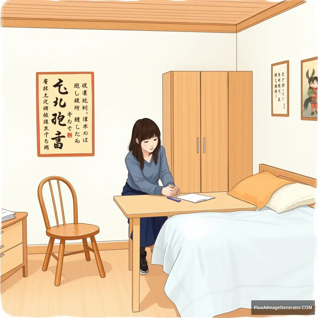 In the room, there is a bed, a table and chairs, a female tutor is helping a student, and there are Chinese characters.